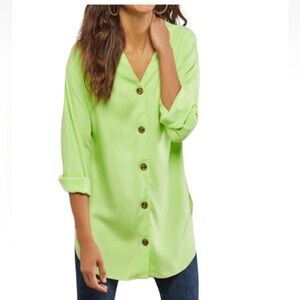 Soft Surroundings Lime Green Wendy Button down Tunic Shirt relaxed oversized S